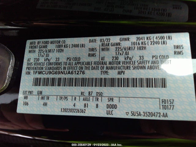 2022 Ford Escape, VIN: 1FMCU9G69NUA61276