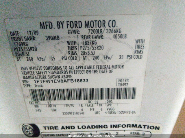 2010 FORD F-150 XL/XLT/FX4/LARIAT VIN: 1FTFW1EV8AFB18833
