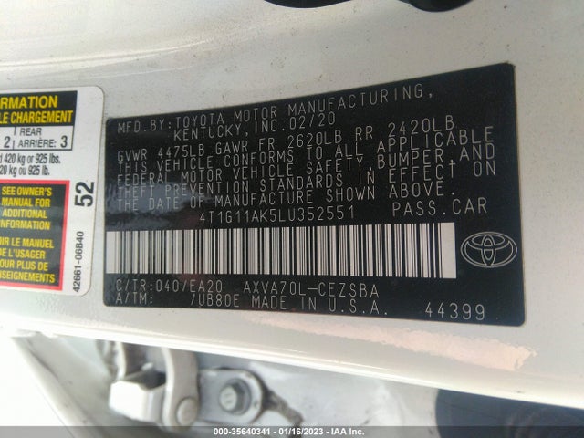 2020 Toyota Camry, VIN: 4T1G11AK5LU352551