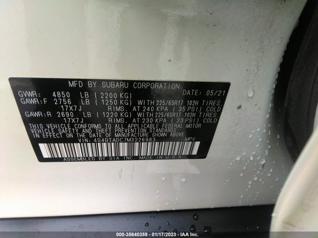 2021 SUBARU OUTBACK PREMIUM VIN: 4S4BTADC7M3226983