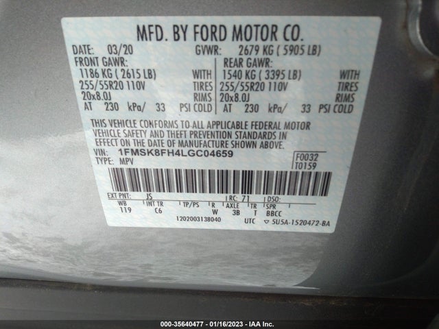2020 FORD EXPLORER LIMITED VIN: 1FMSK8FH4LGC04659