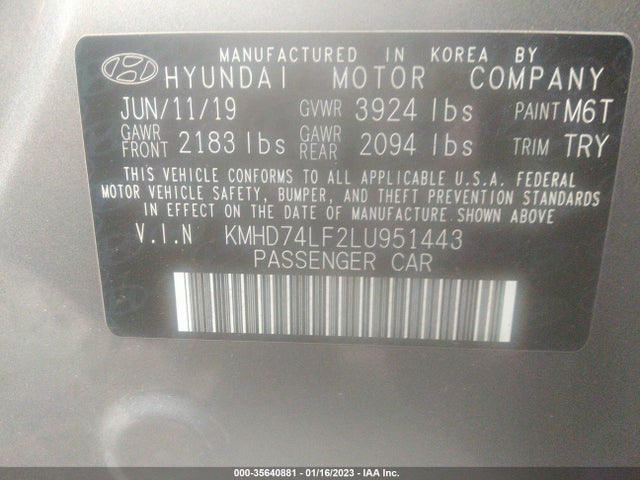 2020 HYUNDAI ELANTRA SE VIN: KMHD74LF2LU951443