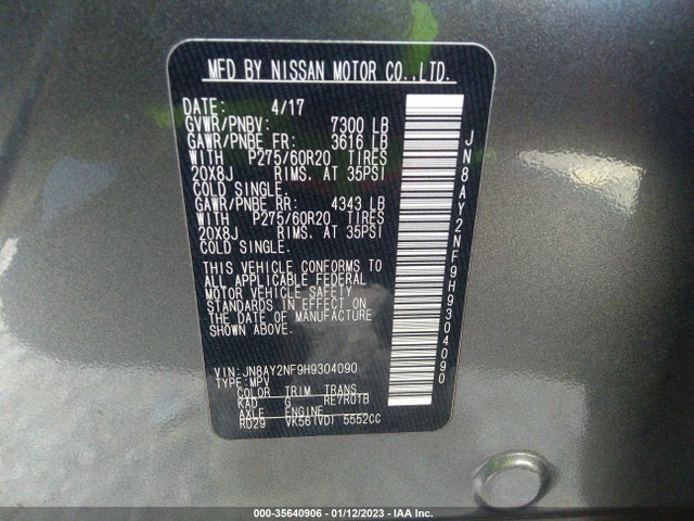 2017 Nissan Armada, VIN: JN8AY2NF9H9304090