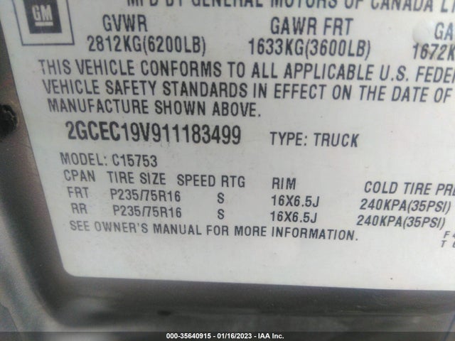 2001 CHEVROLET SILVERADO 1500 LS VIN: 2GCEC19V911183499