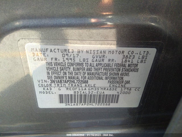 2017 NISSAN SENTRA SV VIN: 3N1AB7AP2HL722588