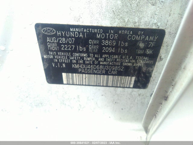2008 HYUNDAI ELANTRA GLS/SE VIN: KMHDU46D68U309852