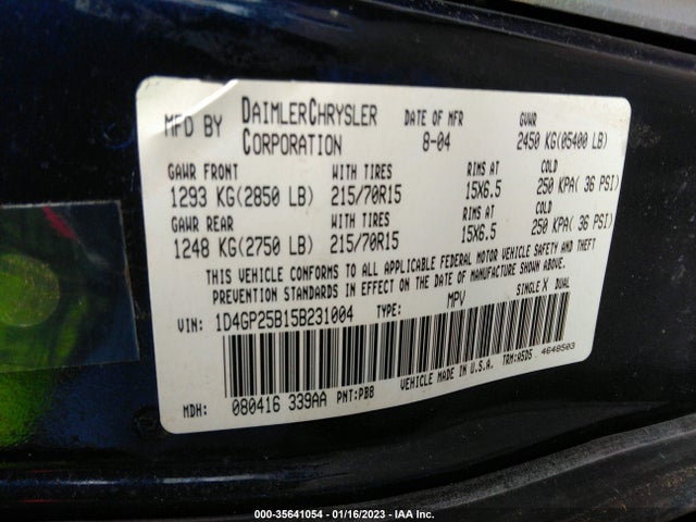 2005 DODGE CARAVAN SE VIN: 1D4GP25B15B231004