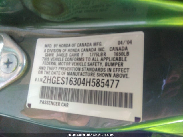 2004 HONDA CIVIC VP VIN: 2HGES16304H585477