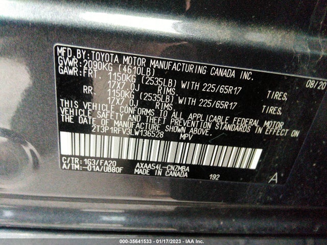 2020 TOYOTA RAV4 XLE VIN: 2T3P1RFV3LW136528