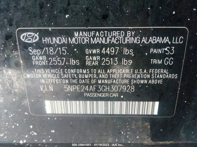 2016 HYUNDAI SONATA 2.4L SE VIN: 5NPE24AF3GH307928
