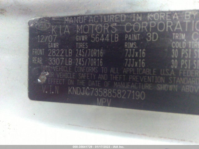 2008 KIA SORENTO LX VIN: KNDJC735885827190