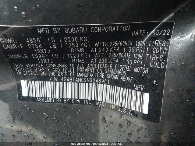 2022 Subaru Outback, VIN: 4S4BTANC9N3246961