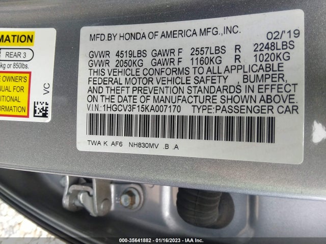 2019 Honda Accord, VIN: 1HGCV3F15KA007170