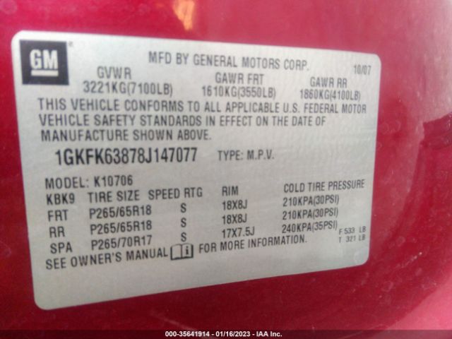 1GKFK63878J147077 GMC YUKON DENALI