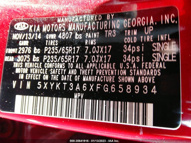 2015 KIA SORENTO LX VIN: 5XYKT3A6XFG658934