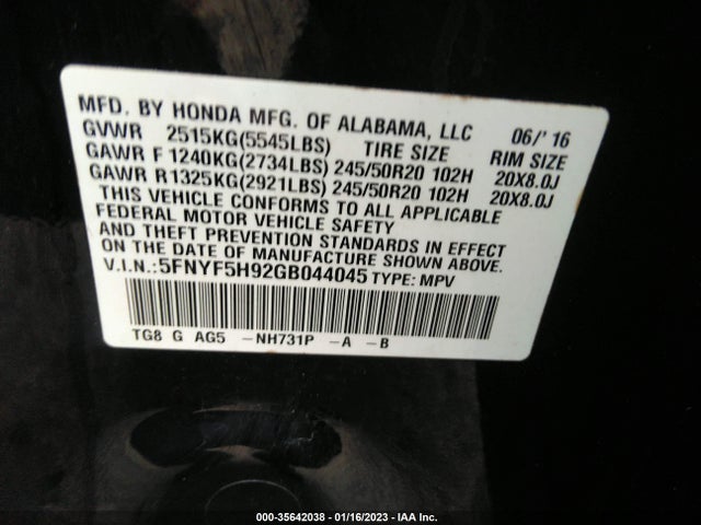 Honda Pilot Touring 2016 5FNYF5H92GB044045 Image 9