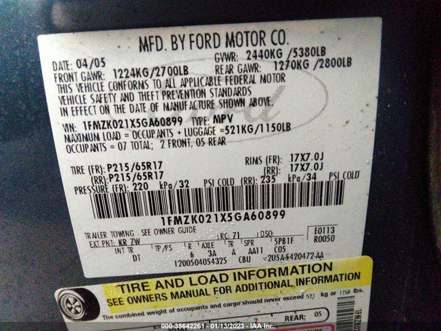 2005 FORD FREESTYLE SEL VIN: 1FMZK021X5GA60899