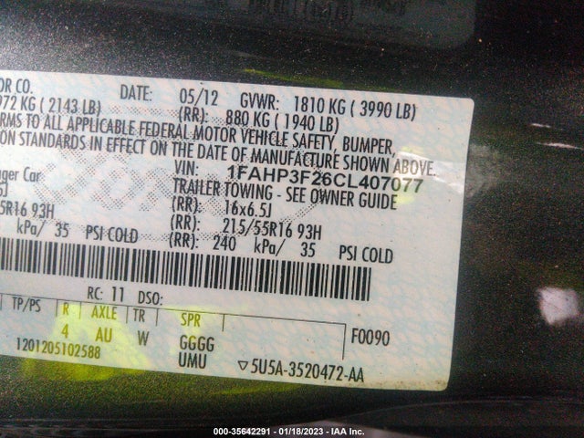 2012 FORD FOCUS SE VIN: 1FAHP3F26CL407077