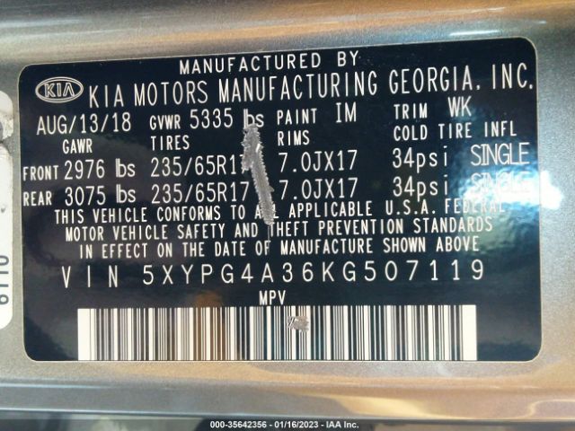 5XYPG4A36KG507119 KIA SORENTO L