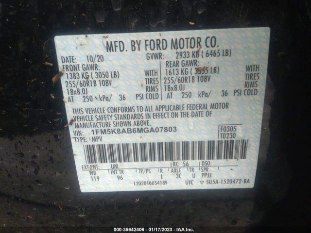 2021 FORD POLICE INTERCEPTOR VIN: 1FM5K8AB6MGA07803