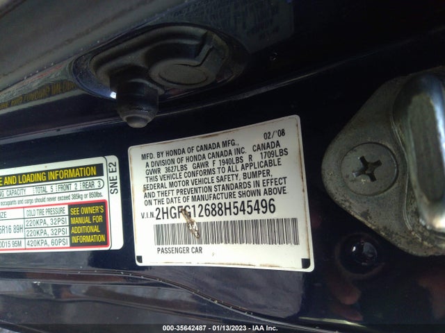 2008 HONDA CIVIC CPE LX VIN: 2HGFG12688H545496