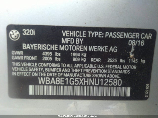 2017 BMW 3 Series, VIN: WBA8E1G5XHNU12580