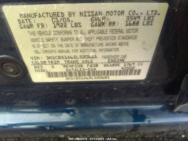 2005 NISSAN SENTRA 1.8 S VIN: 3N1CB51A65L520681