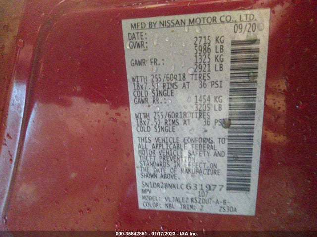 2020 Nissan Pathfinder, VIN: 5N1DR2BNXLC631977