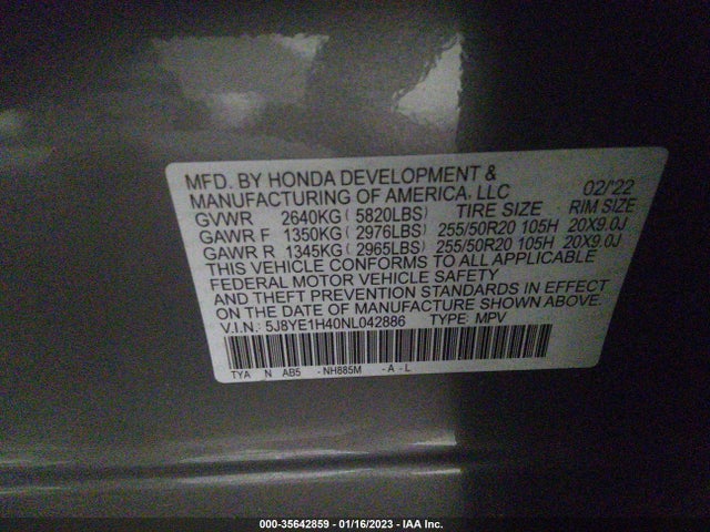 2022 Acura MDX, VIN: 5J8YE1H40NL042886