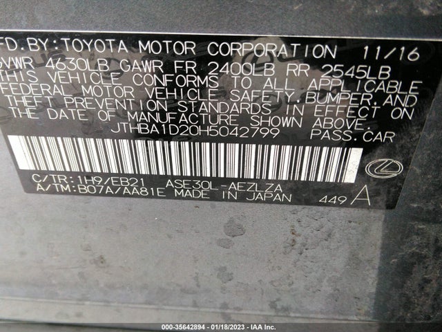 2017 Lexus IS, VIN: JTHBA1D20H5042799