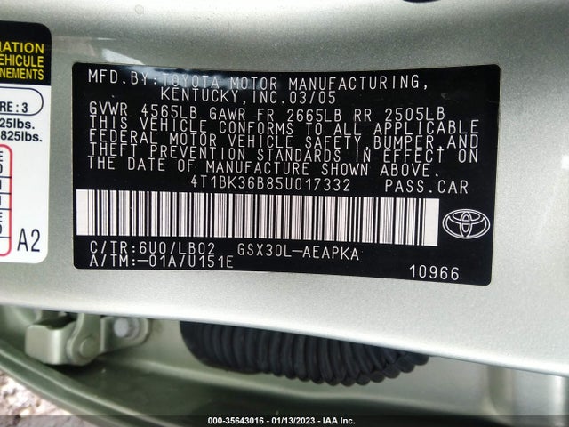 2005 TOYOTA AVALON XL/TOURING/XLS/LIMITED VIN: 4T1BK36B85U017332