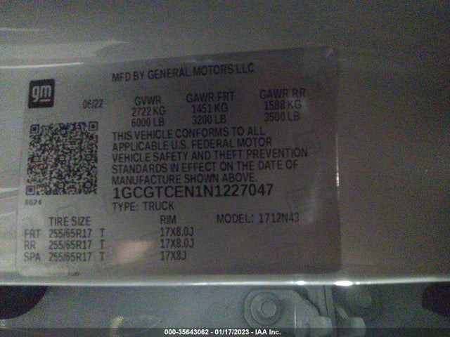 2022 Chevrolet Colorado, VIN: 1GCGTCEN1N1227047