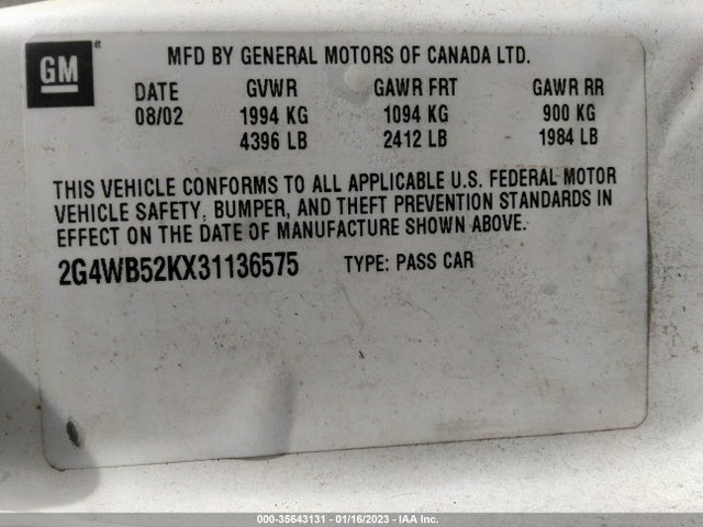 2003 BUICK REGAL LS VIN: 2G4WB52KX31136575