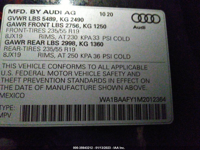 2021 AUDI Q5 PREMIUM PLUS VIN: WA1BAAFY1M2012364