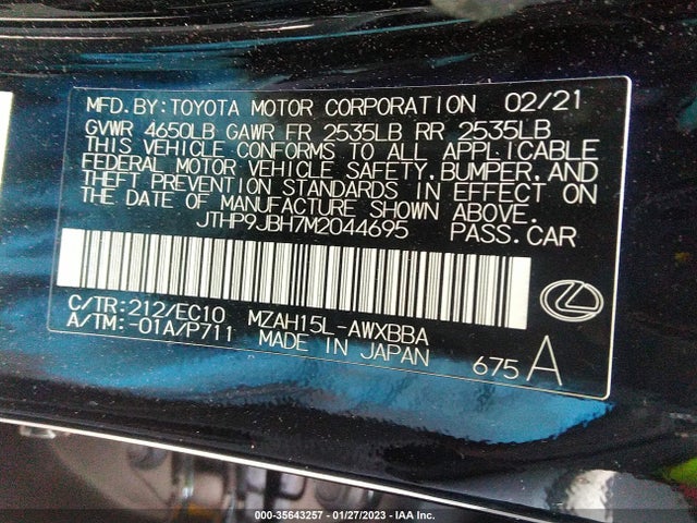 2021 LEXUS UX UX 250H VIN: JTHP9JBH7M2044695