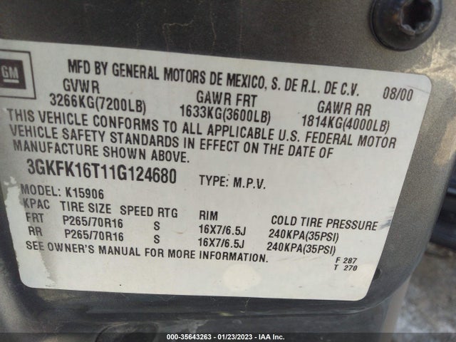 GMC YUKON XL 2001 3GKFK16T11G124680 Image 10