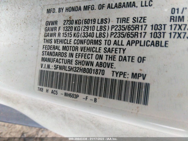 2017 Honda Odyssey, VIN: 5FNRL5H32HB001870