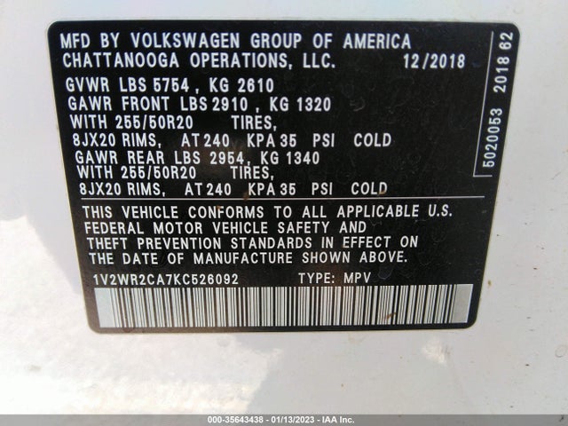 2019 Volkswagen Atlas, VIN: 1V2WR2CA7KC526092