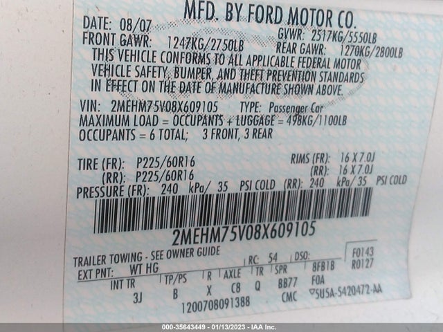 2008 MERCURY GRAND MARQUIS LS VIN: 2MEHM75V08X609105