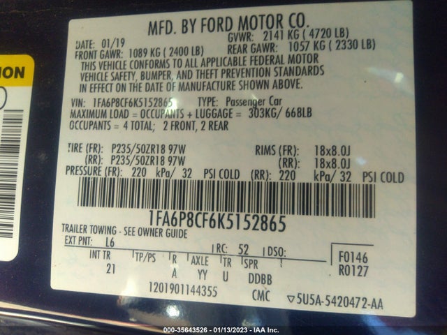 2019 FORD MUSTANG GT VIN: 1FA6P8CF6K5152865