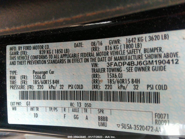 2016 FORD FIESTA SE VIN: 3FADP4BJ6GM190412