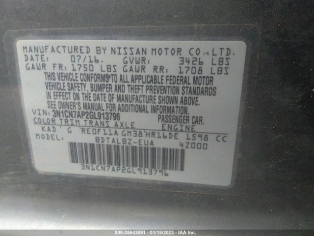 3N1CN7AP2GL913796 Nissan VERSA SV