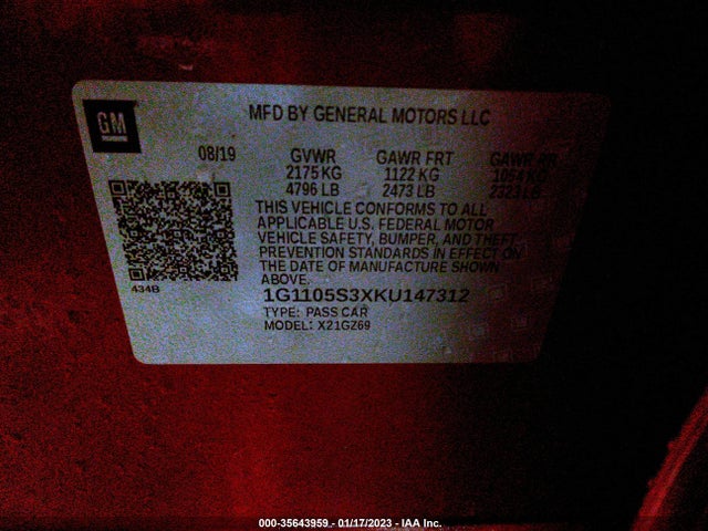 2019 Chevrolet Impala, VIN: 1G1105S3XKU147312
