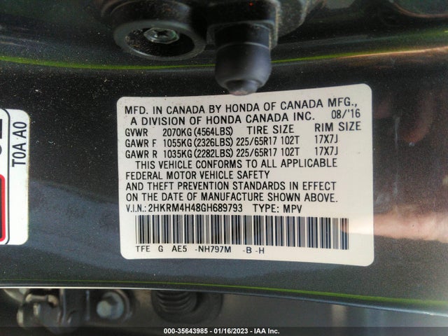 2016 Honda CR-V, VIN: 2HKRM4H48GH689793