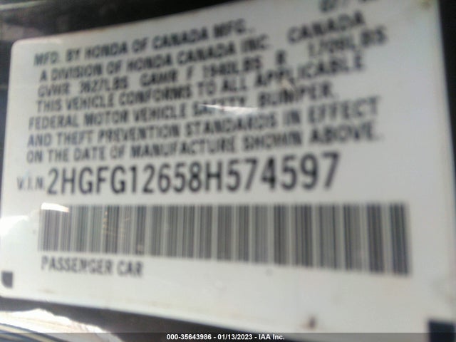 2008 HONDA CIVIC CPE LX VIN: 2HGFG12658H574597