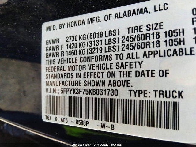 2019 Honda Ridgeline, VIN: 5FPYK3F75KB031730