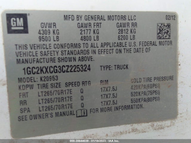 2012 CHEVROLET SILVERADO 2500HD LT VIN: 1GC2KXCG3CZ225324