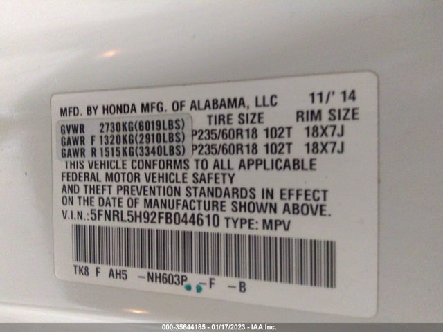 Honda Odyssey Touring 2015 5FNRL5H92FB044610 Image 9