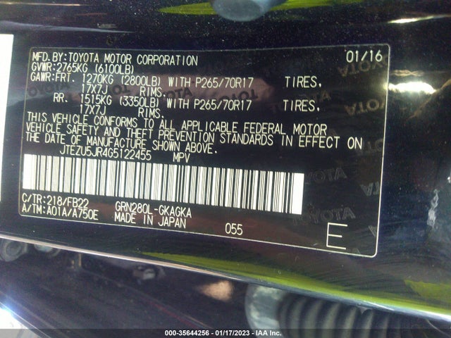 2016 Toyota 4Runner, VIN: JTEZU5JR4G5122455