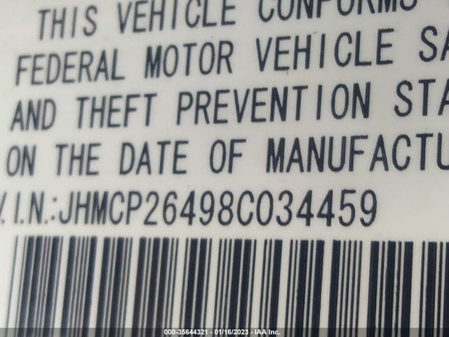 2008 HONDA ACCORD SDN LX-P VIN: JHMCP26498C034459